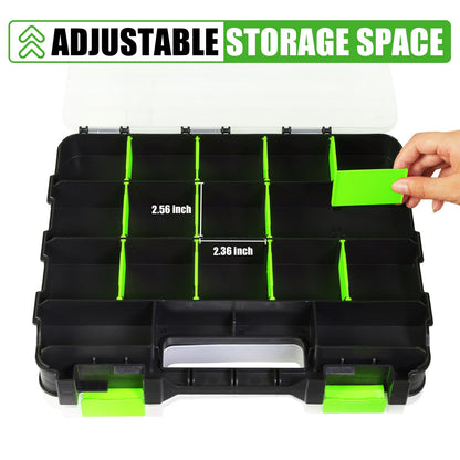 Tool Box with Transparent Lid, Double Side 34-Compartments Organizer Box with Removable Dividers for Hardware, Screws, Bolts, Nails, Beads, Jewelry and Fishing Accessories, Green, 2 Packs