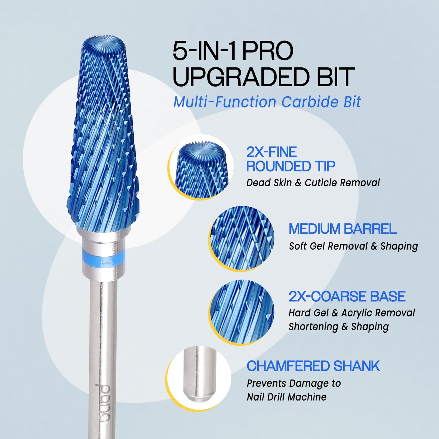 PANA Nail Carbide 5 in 1 Bit - Two Way Rotate use for Both Left and Right Handed - Fast Remove Acrylic or Hard Gel - 3/32" Shank - Manicure, Nail Art, Drill Machine (Fine - F, Silver)