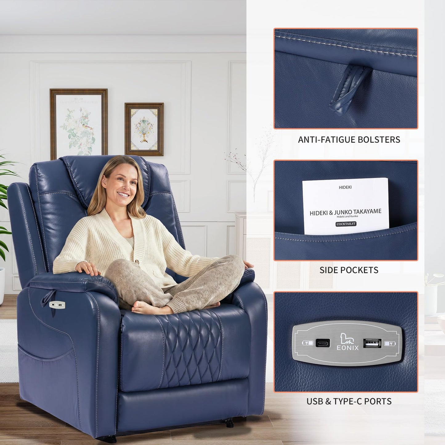 EONIX Triple Motor Lay Flat Power Lift Recliner Chair for Elderly with Massage, 400lbs Electirc Lift Chair for Living Room, Independent Adjustable Backrest Headrest, Entended Footrest, Navy Blue