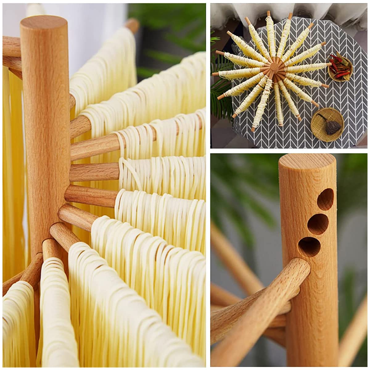 Abizarch Collapsible Pasta Drying Rack Wooden Spaghetti Stand Dryer with 16 Suspension Rods Homemade Fresh Noodle Hanger Easy Storage and Quick Set-Up Hanging Rack for Home Kitchen