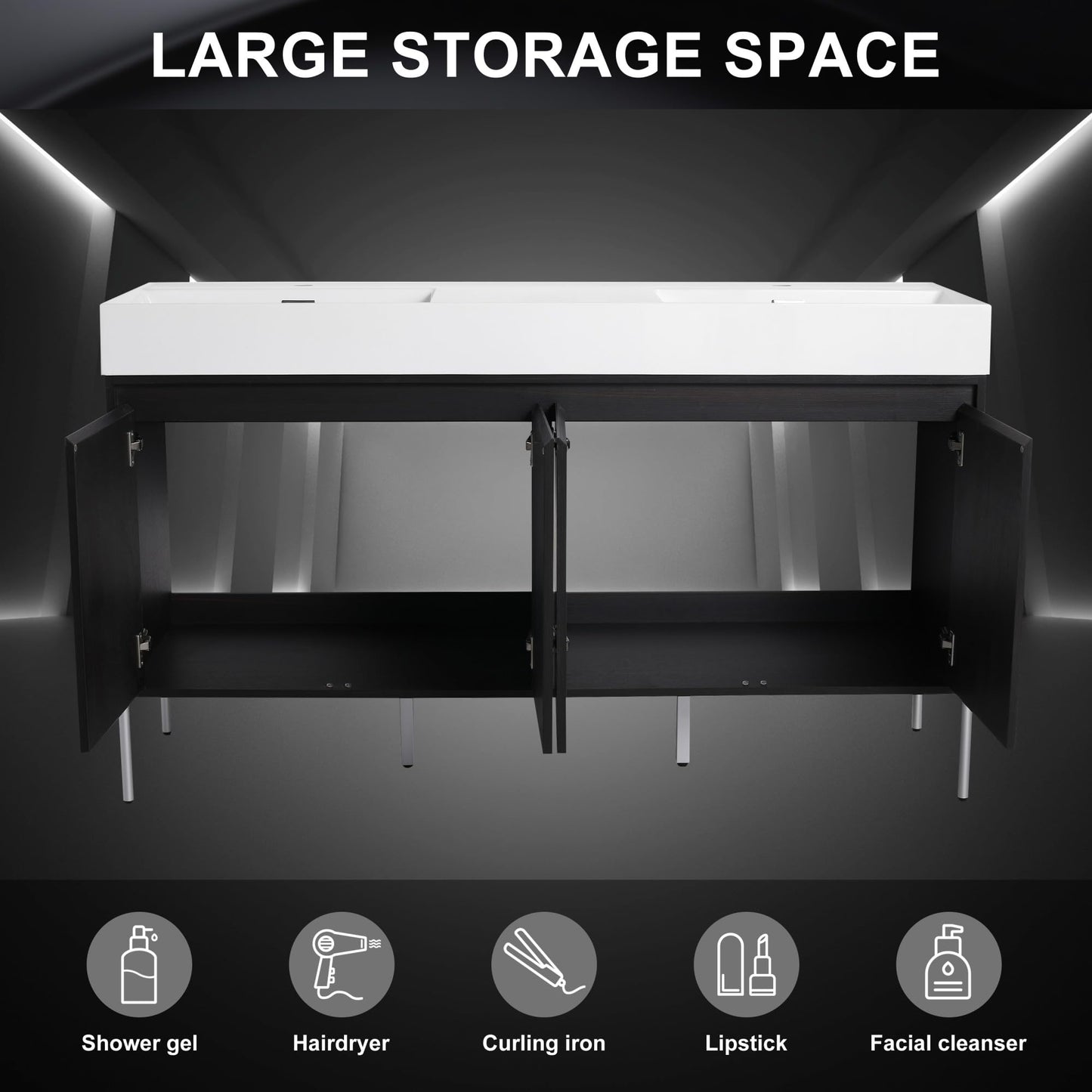 KEIKI 60" Freestanding Bathroom Vanity with Resin Double Sink, Modern Bathroom Storage Cabinet with Soft Closing Doors & Solid Metal Legs, 60 inches Double Sink Bathroom Vanity with 45° Bevel Handle