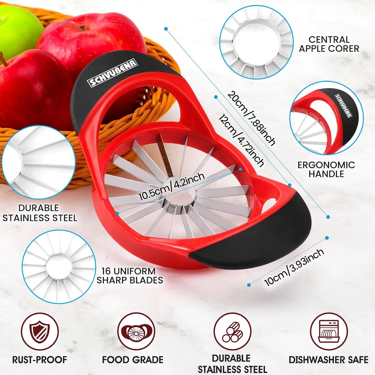 16-Blade 4.72 Inch SCHVUBENR Apple Slicer and Corer - Sharp Stainless Steel Apple Cutter - Professional Apple Divider