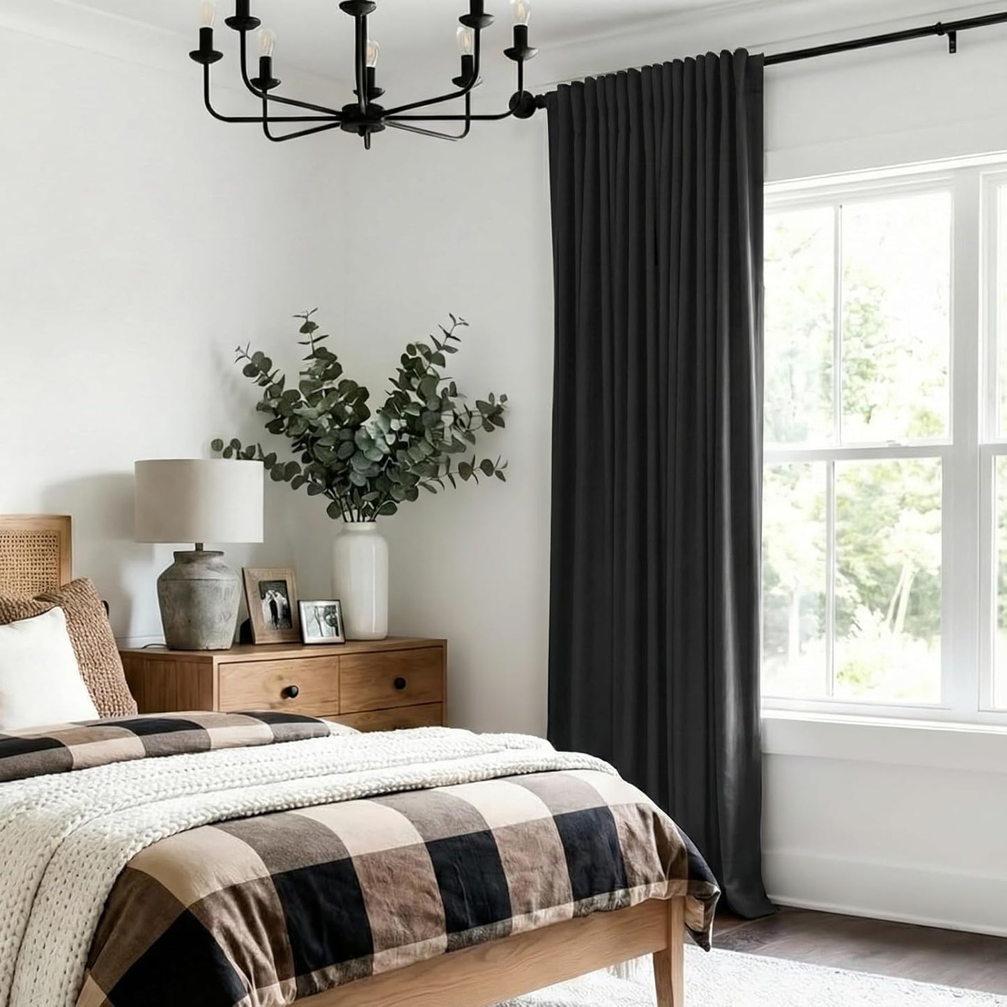 Skiennix 100% Blackout Linen Curtains - Thermal Insulated Drapes for Bedroom | 96" Long, Black
