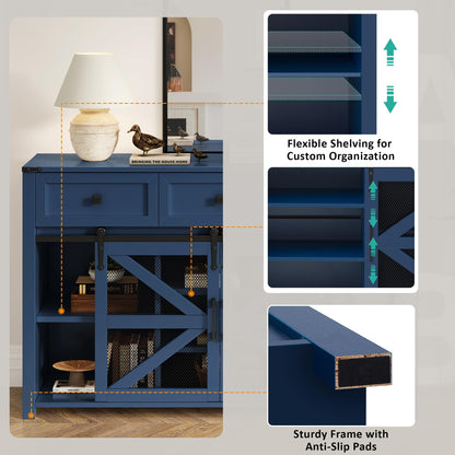 GDFStudio 55" Farmhouse Buffet Cabinet with Sliding Barn Mesh Doors & 3 Drawers, Sideboard Storage Cabinet with Adjustable Shelves, Coffee Bar Cabinet Credenza for Dining Room Living Room, Navy Blue