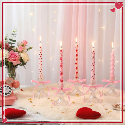 Nuanchu 12 Pcs Galentine's Day Taper Candles Valentines Heart Bow Pink Spiral Candle Sticks Real Wax for Valentines Day Bridal Shower Wedding Anniversary Birthday Dinner Table Home Decor