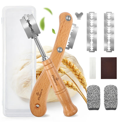 PHILORN 2pcs Set Bread Lame with 10 Stainless Steel Blades, Finger Sleeves and Protective Cover - Sourdough Razor Scorer with Straight & Curved Scoring Knife - Ergonomic Wooden Handle Gift for Bakers
