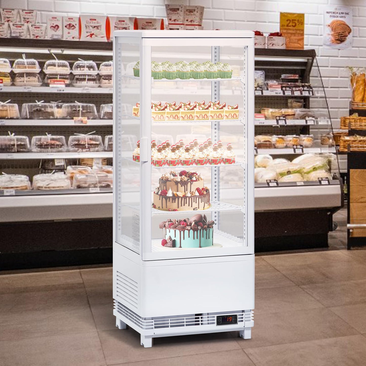 EliteEdge Refrigerated Pastry Display, 3.5 Cu. Ft. Bakery Display Case for Cakes, Pastries, Donuts, Cupcakes and Cookies, Dessert Display Refrigerator for Cafe, Bakery, Deli and Shop Counter, White