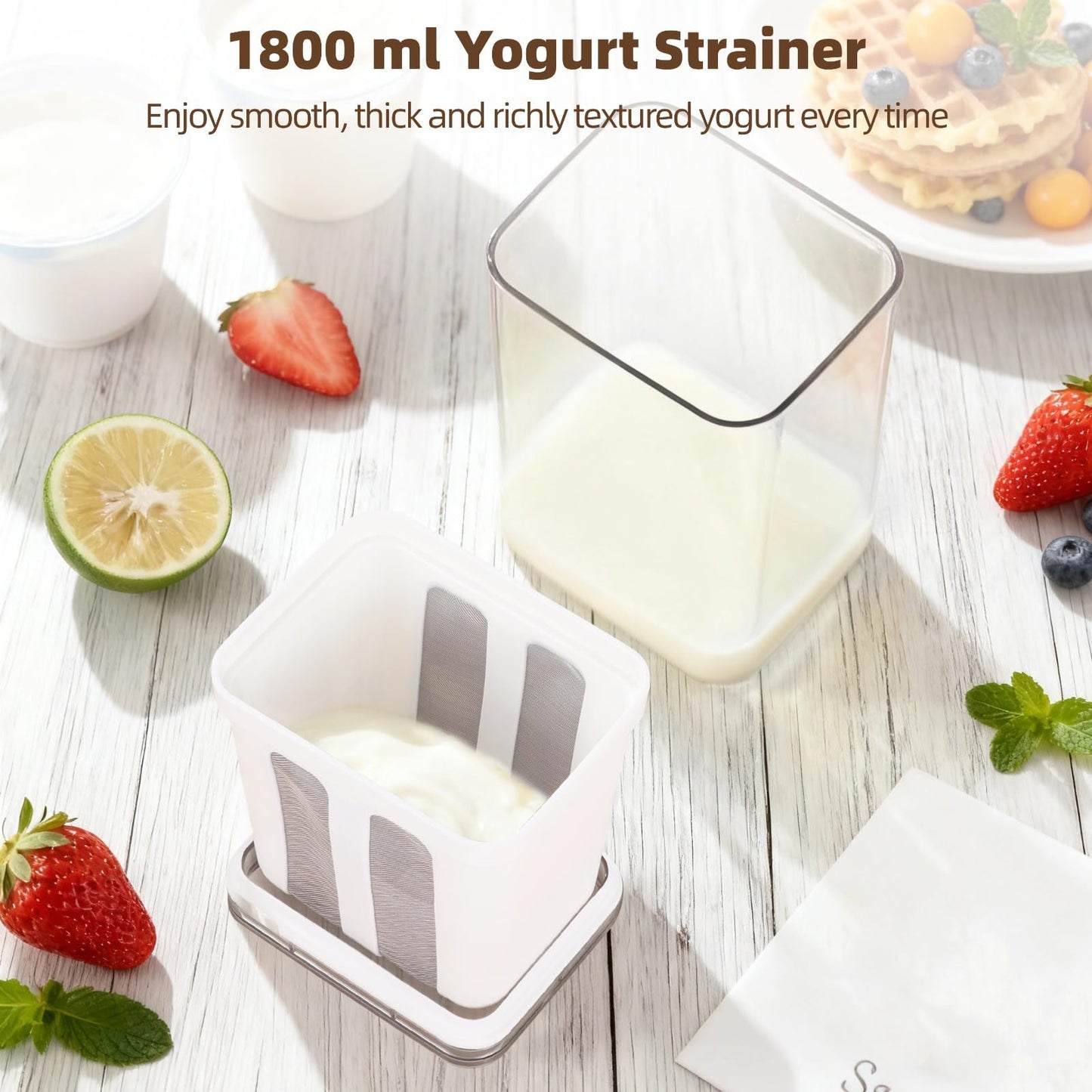 1800 ml Yogurt Strainer, Fine Mesh Greek Yogurt Strainer for Whey Separation, Homemade Cream Cheese Maker with Stainless Steel Fine Mesh Bag and Lid for Yogurt, Soybean Milk, Kefir, Juice