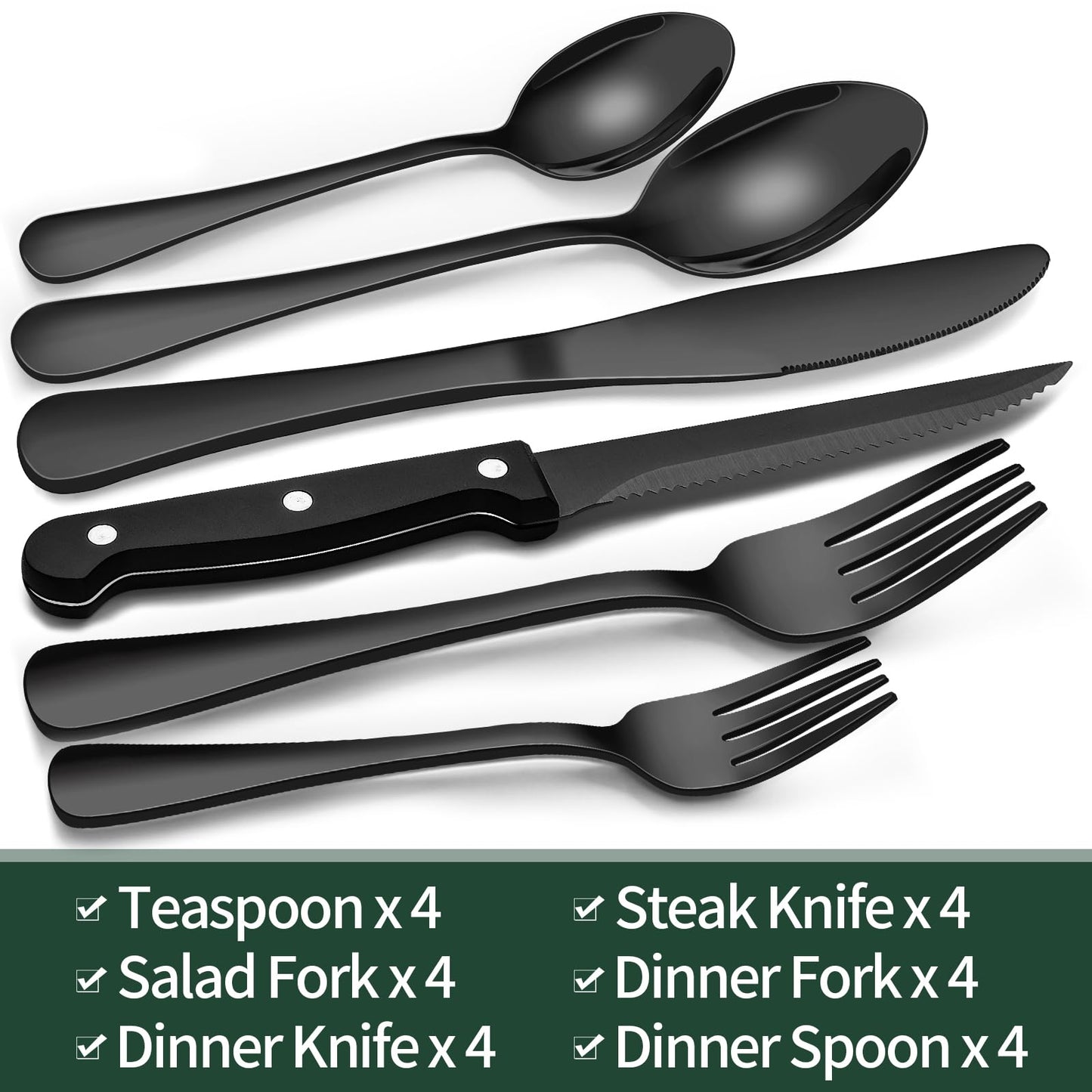 EWFEN 24-Piece Black Silverware Set with Steak Knives, Black Flatware Set for 4, Food-Grade Stainless Steel Tableware Cutlery Set, Mirror Finished Utensil Sets for Home Restaurant, Round Edge