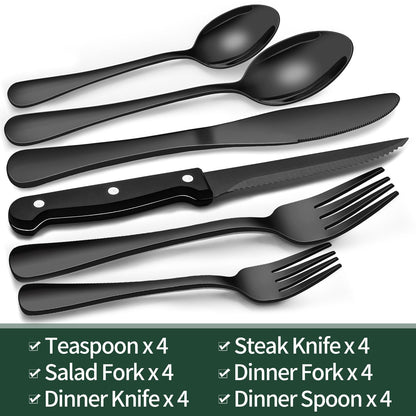 EWFEN 24-Piece Black Silverware Set with Steak Knives, Black Flatware Set for 4, Food-Grade Stainless Steel Tableware Cutlery Set, Mirror Finished Utensil Sets for Home Restaurant, Round Edge