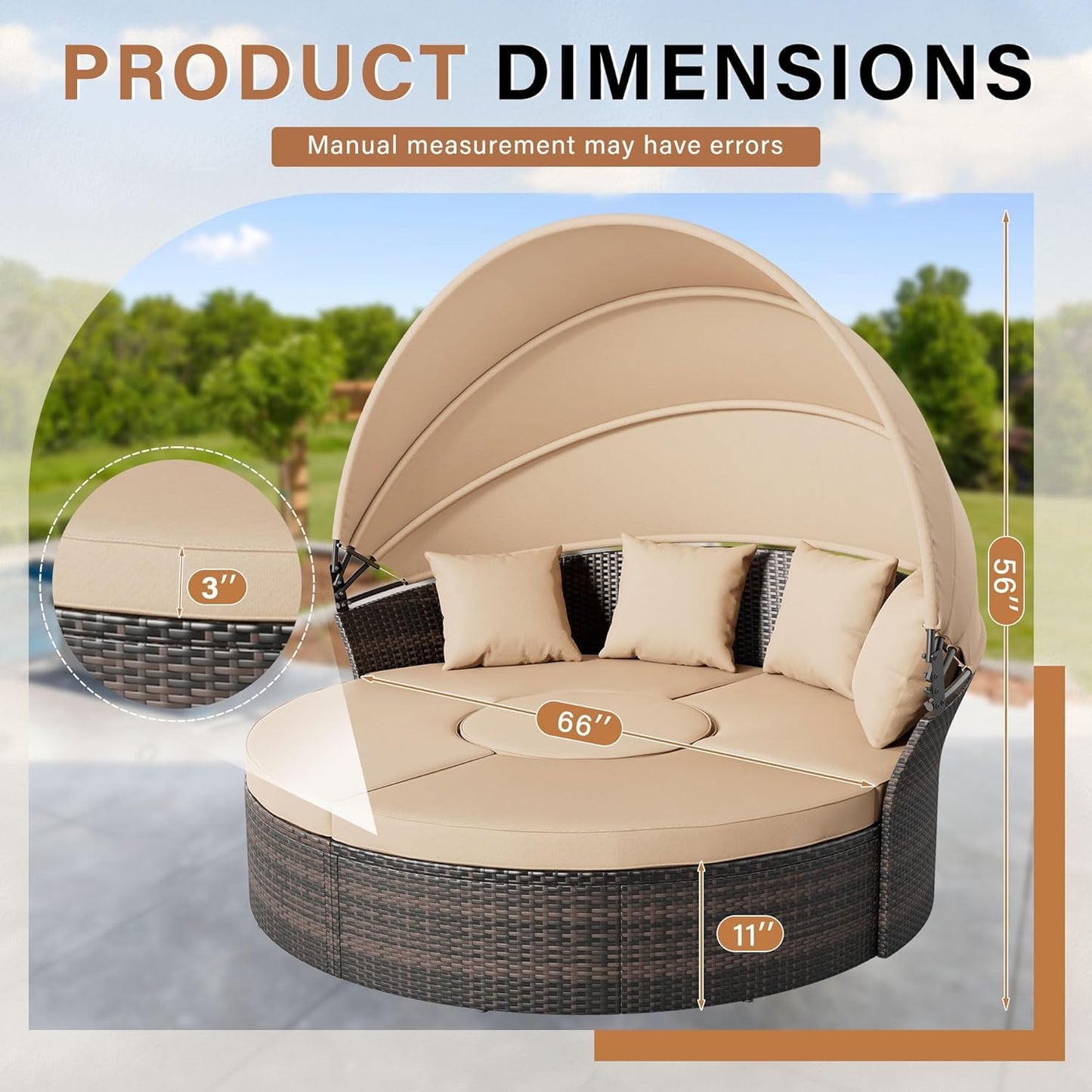 Outdoor Furniture Patio Round Daybed with Retractable Canopy, Black Wicker Clamshell Sectional Seating with Cushions for Patio, Backyard, or Porch, Pool Round Bed (Brown)