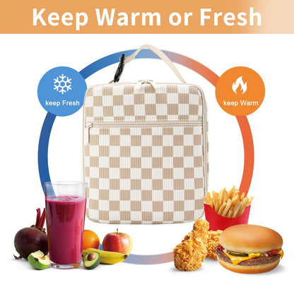OYLOLA Lunch Box for Women Men Adult Insulated Lunch Bag Women Men Small Reusable Lunchbox for Work Picnic Travel (Beige-Brown Plaid)