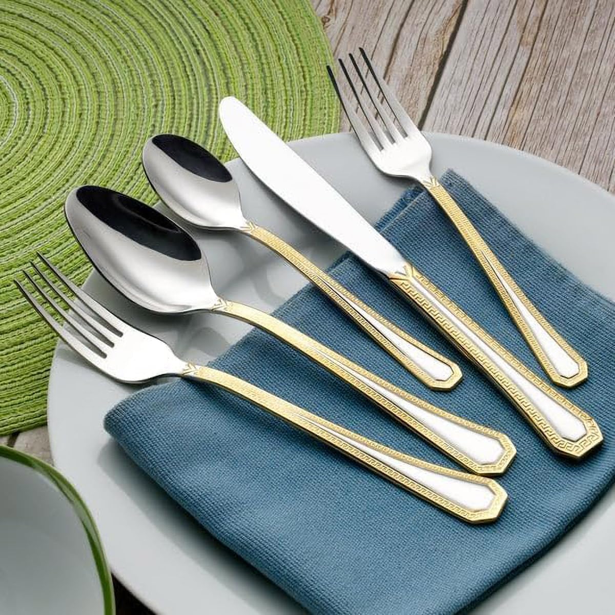 HOMEHUT 120-Pieces Vintage Gold Dinnerware and 18/10 Premium Stainless Steel Silverware Flatware Set - Greek Key Gold HQ Fine China Tableware Service for 12 People