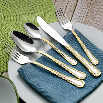 HOMEHUT 120-Pieces Vintage Gold Dinnerware and 18/10 Premium Stainless Steel Silverware Flatware Set - Greek Key Gold HQ Fine China Tableware Service for 12 People