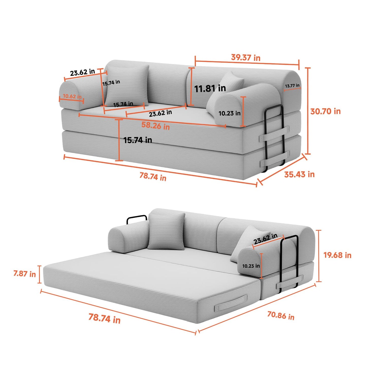78-Inch Oversized Loveseat Boneless Foam Couch Convertible Mattress Sleeper Bed and Floor Lounge Chaises for Living Room Office, Boucle Upholstered Compressed Cloud Sofa