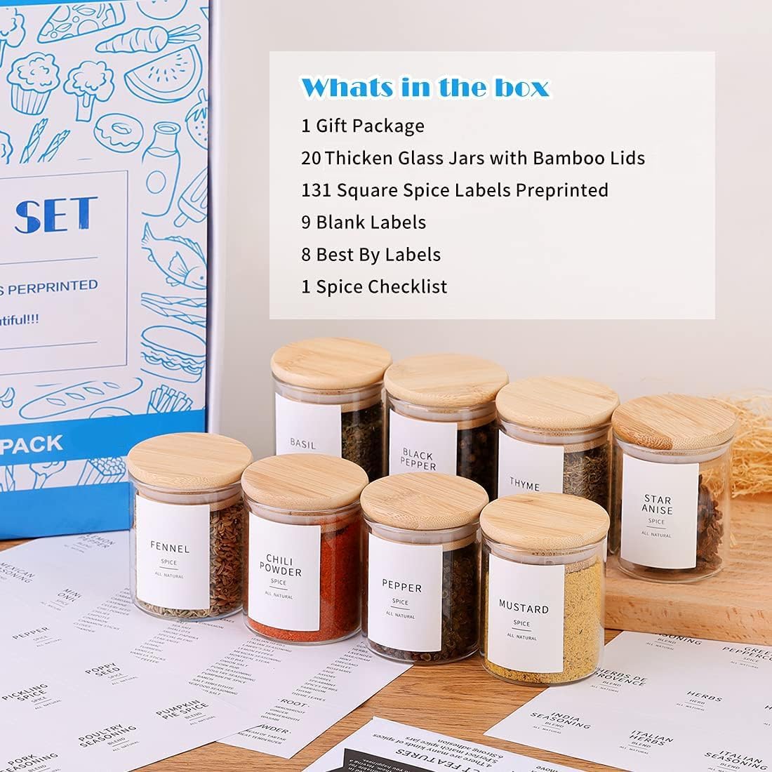 20 Thicken(2.4mm) 4oz 131 Glass Spice Jars with Bamboo Lids - Pcs Airtight Seasoning Containers with Waterproof