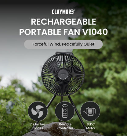 Claymore V1040 Black Rechargeable Portable Fan – 10,400mAh Power Bank Function Remote Control 4-Speed Quiet BLDC Air Circulator USB-C Charging 23 Hrs Runtime for Camping, Indoor, Outdoor