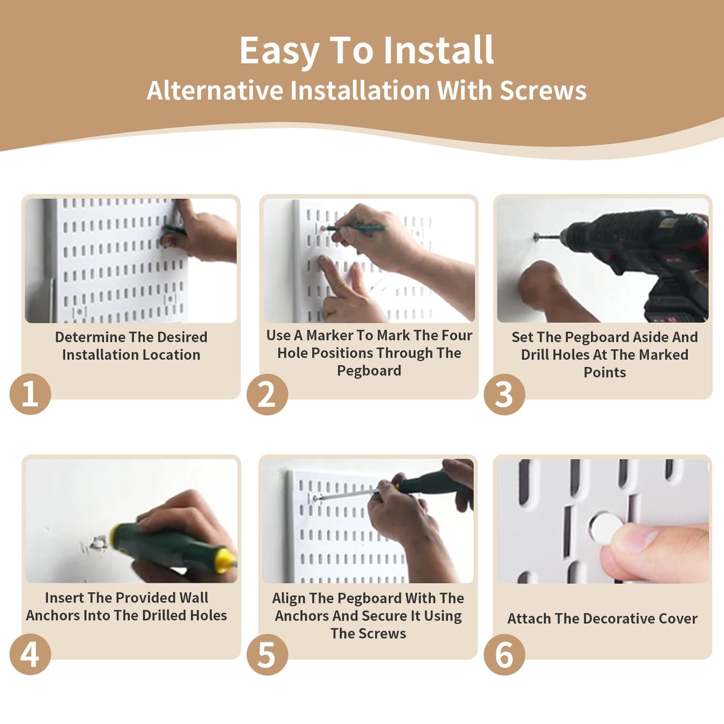 LBW Pegboard Wall Organizer, 6-Pack 11.8" × 11.8" White ABS Peg Board Panels with 27 Accessories, Modular Plastic Pegboard Combination Kit for Home, Office, Garage, Tool Storage & Craft Room