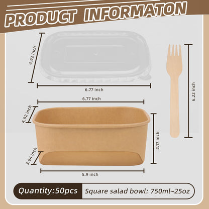 DeziWood 50 Pack 25 oz Paper Food Containers with Lids, Meal Prep Containers Disposable Large Paper Bowls, Microwavable and Freezer Storage Use Cardboard Food Containers