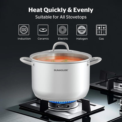 SUNHOUSE Stainless Steel Stock Pot - 11 Quart Heavy-Duty Induction Cooking Pot with Visible Lid for Pasta, Soup, Spaghetti - Nonstick Thick-Bottom Deep Stockpot for Canning, Boiling, and Simmering