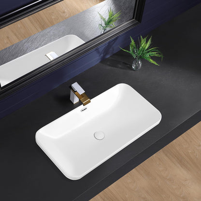 KMOEM Vessel Sink 32"x17" Semi Recessed Bathroom Sink Drop-in Bathroom Sink Support Dual Faucet Installation White Porcelain Ceramic Modern Rectangular Vanity Sinks with Overflow