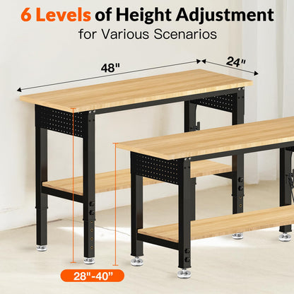 MUWOOD Adjustable Height Work Bench 48×24 Workbench for Garage with Under Table Shelf Heavy Duty Rubber Wood Work Table for Shop Woodworking, Office, Home, Commercial