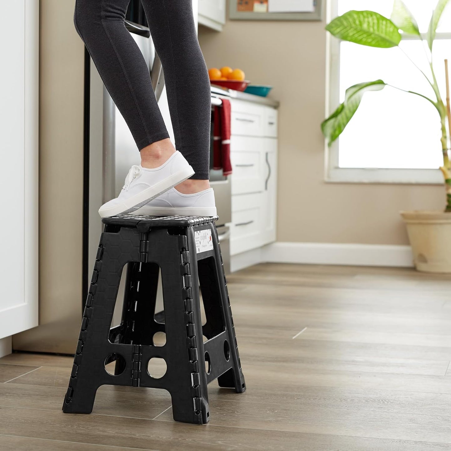 18" Casafield Folding Step Stool with Handle, Black - Portable Collapsible Small Plastic Foot Stool for Adults - Use