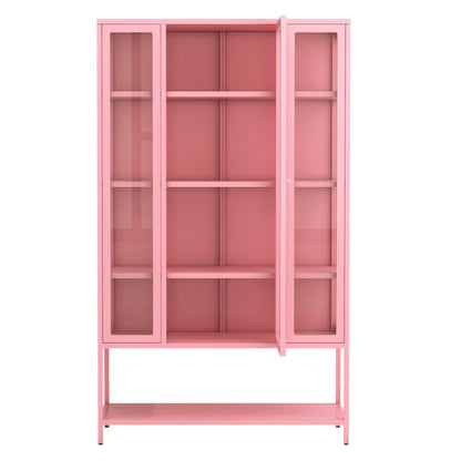 Merax 67" Tall Glass Display Cabinet with Adjustable Shelves and LED Lights, for Collectibles, Modern Steel Storage Curio Cabinet with 3-Sided Glass Display Case for Home Office Study Room, Pink