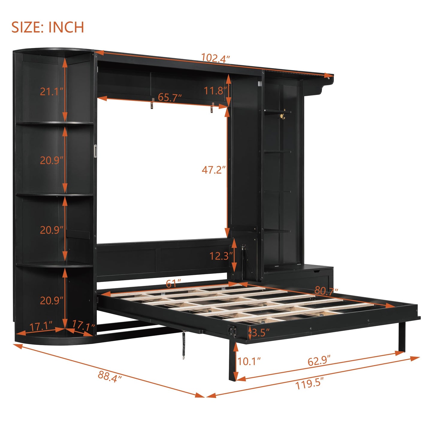 Merax Queen Size Murphy Bed with Storage and Lights, Hidden Fold-Out Legs, Foldable Murphy Cabinet Bed with Hook, Built-in Shelves & Cabinets, Wood Space-Saving Wall Bed for Guest Room Office, Black