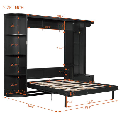 Merax Queen Size Murphy Bed with Storage and Lights, Hidden Fold-Out Legs, Foldable Murphy Cabinet Bed with Hook, Built-in Shelves & Cabinets, Wood Space-Saving Wall Bed for Guest Room Office, Black