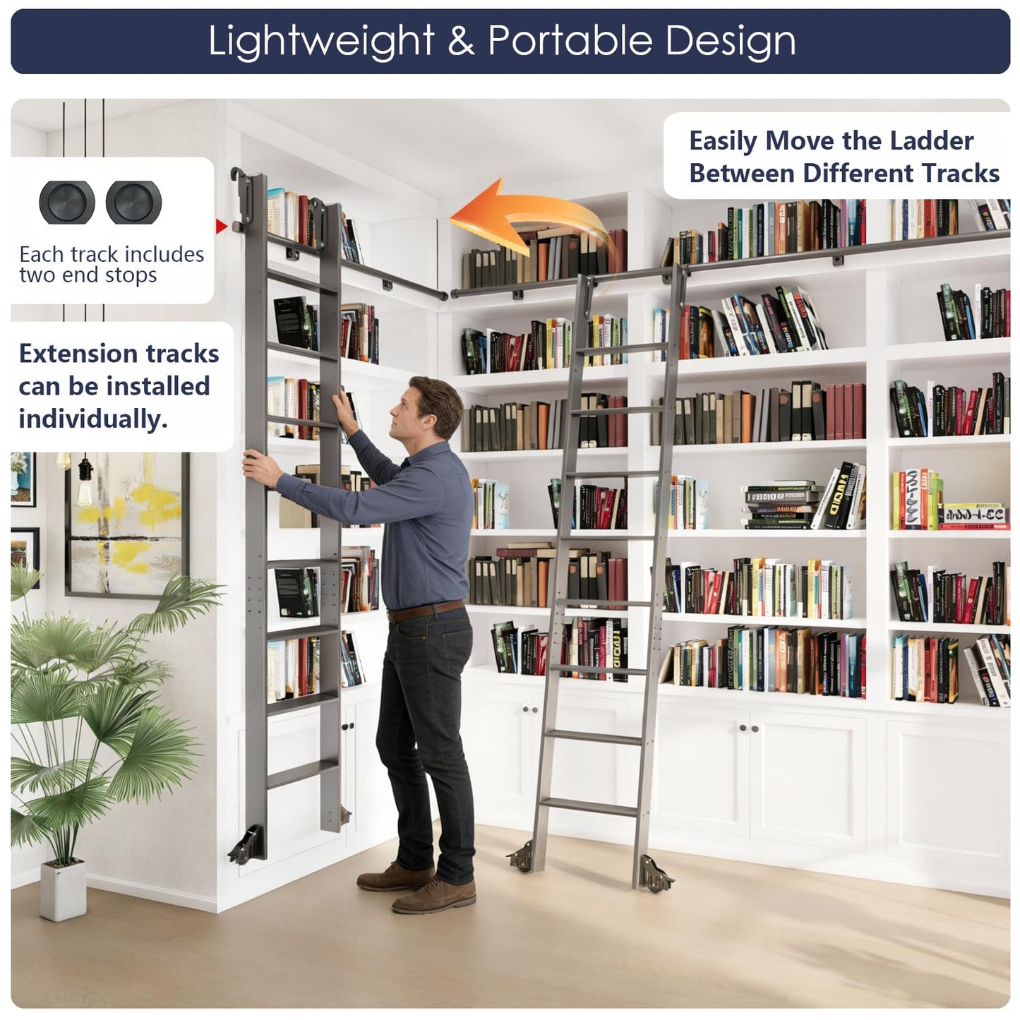 HARDJULAN 87" Black Sliding Library Ladder with 3.3FT Hook Track – Lightweight Aluminum Rolling Ladder with Braking Wheels, Space-Saving Rail Mounted Ladder System for Home Library, Closet & Storage