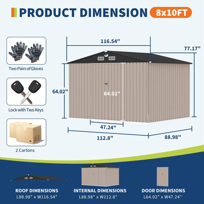 8x10 FT Metal Shed Outdoor Storage Shed with Solar Light, Lockable Door, Air Vents, Utility Sheds & Outdoor Storage, Durable Outside Storage Sheds for Backyard Patio Lawn