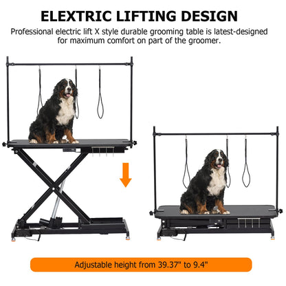 PioneerWorks Electric Dog Grooming Table, Height Adjustable (9.4"-39.4") Pet Grooming Table with Leveling Wheels, X-Lift, Anti-Slip Tabletop, 47" Heavy Duty Dog Grooming Station, Black