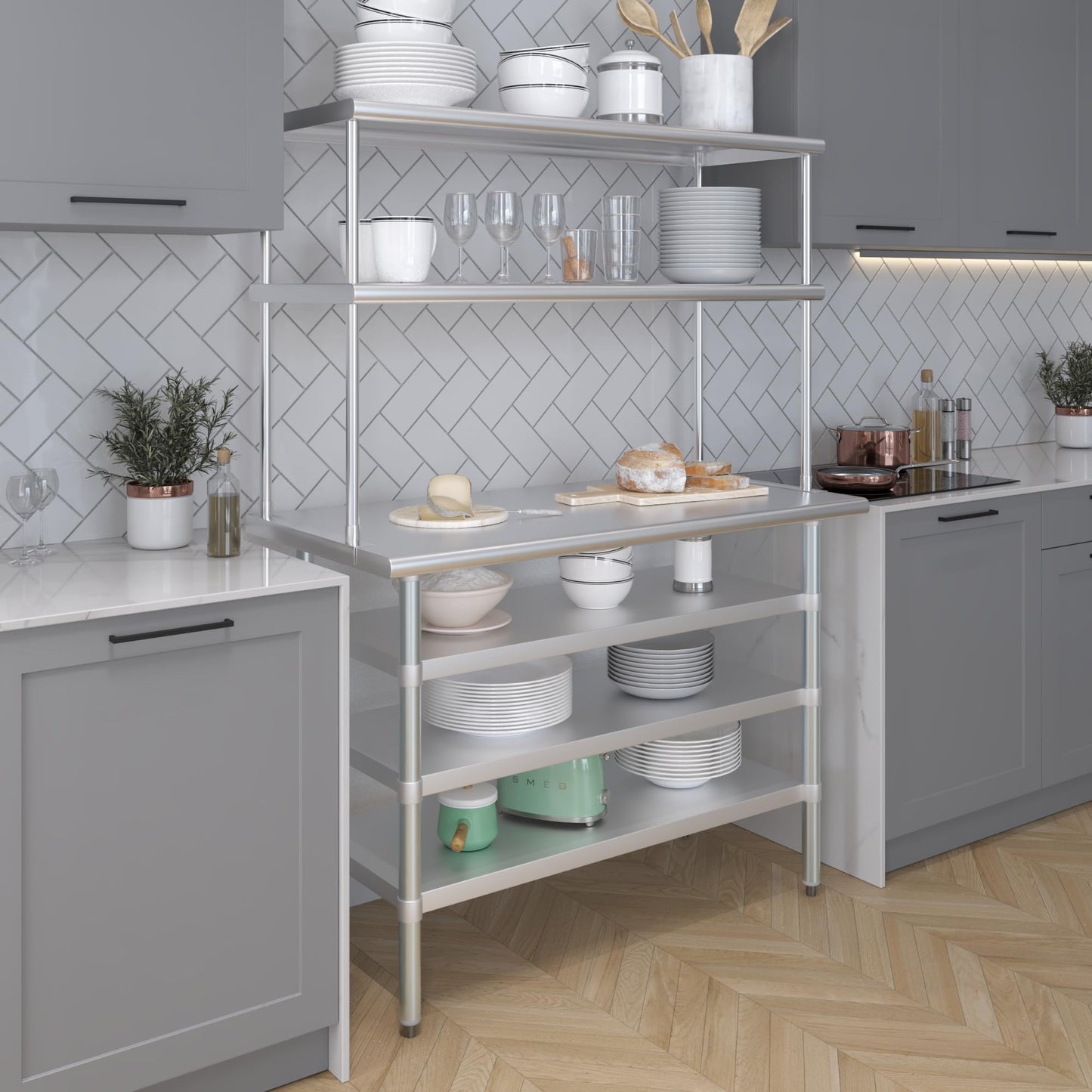 AmGood 48 Inch Double Tier Overshelf, 48 in. x 18 in. x 32 in. Stainless Steel Table Mount Shelf, 2 Tier Over Shelf for Prep Tables, Commercial Kitchen Storage Rack, Restaurant Equipment, NSF