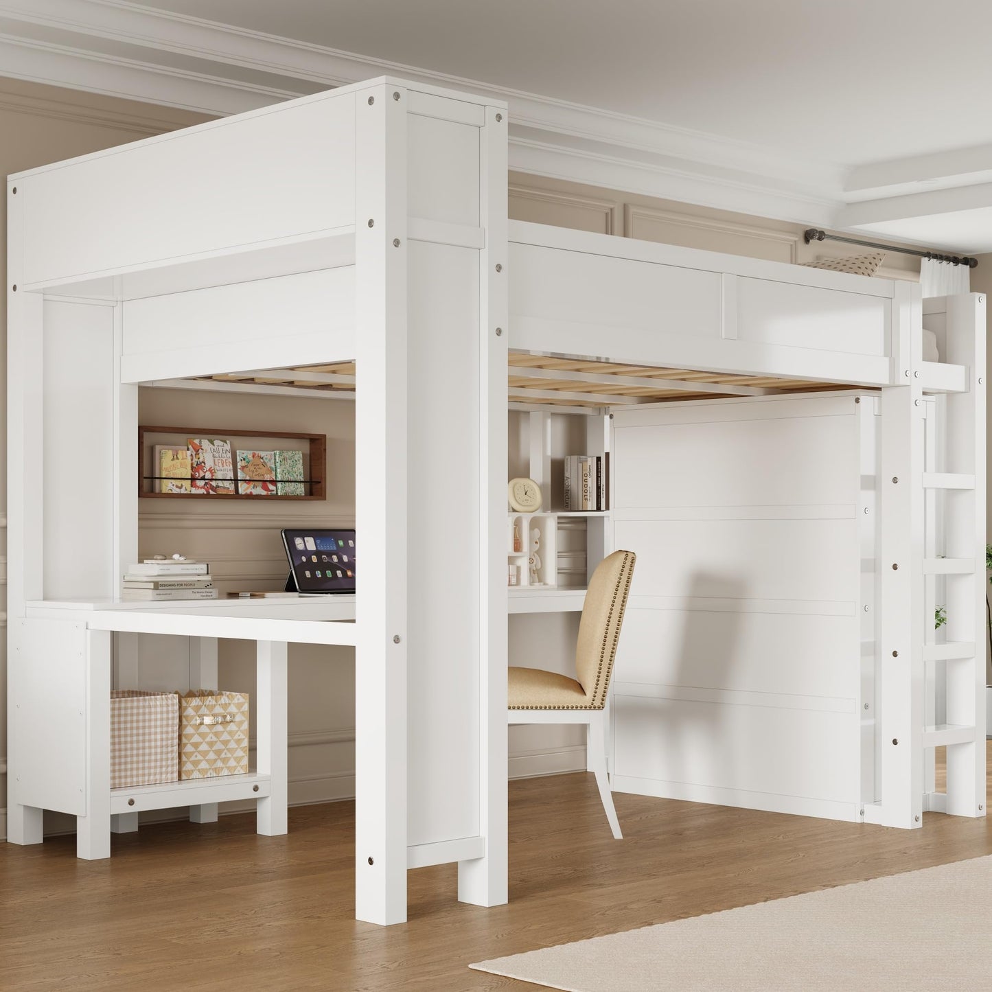 Merax Queen Loft Bed Frame with Desk and Wardrobe, Headboard with Storage & Charging Station, Wood Loft Bunk Bed with Solid Slats & Guardrail, No Box Spring Needed, Space-Saving, Noise Free, White