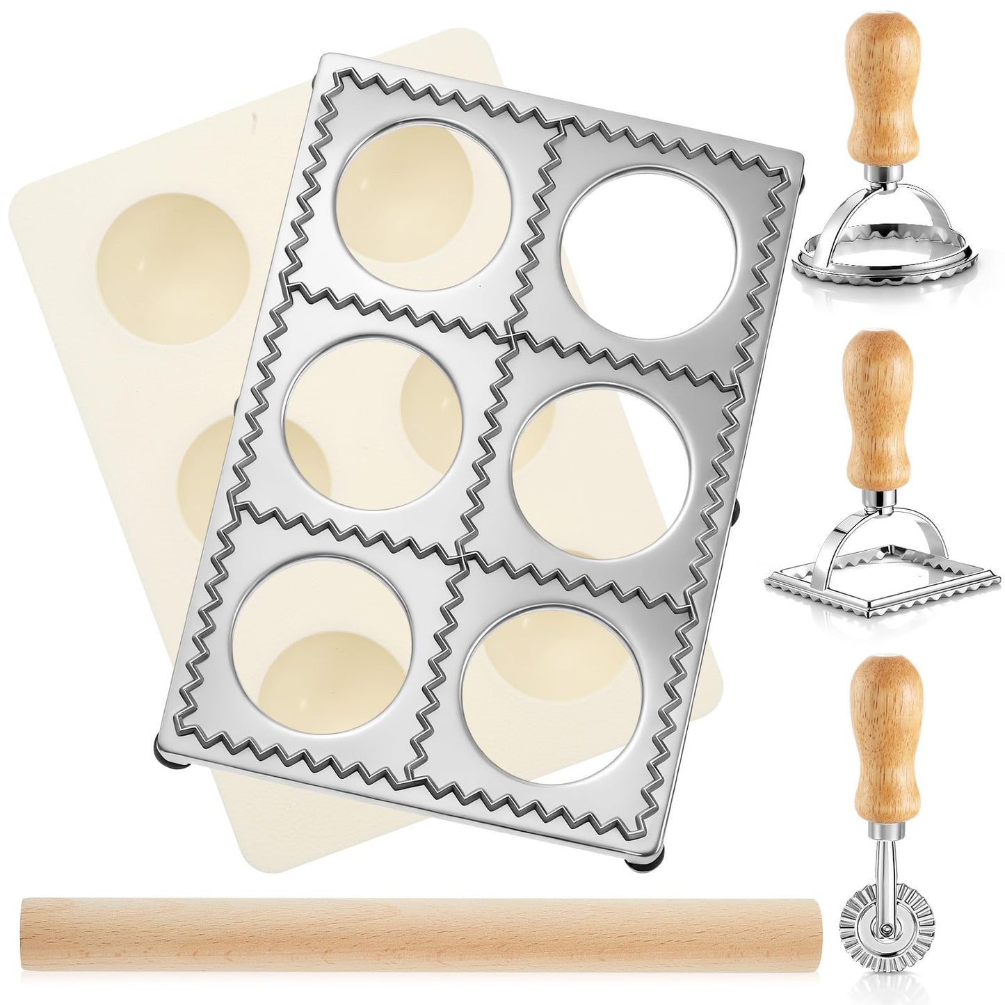 Geetery 5 Pcs Ravioli Mold Set 2.7 Inch Squares Ravioli Maker Cutter Include 1 Raviolis Maker Press 3 Pasta Cutter Stamp Makers 1 Wood Rolling Pin Pasta Making Tool for Home Kitchen Supplies (6 Holes)