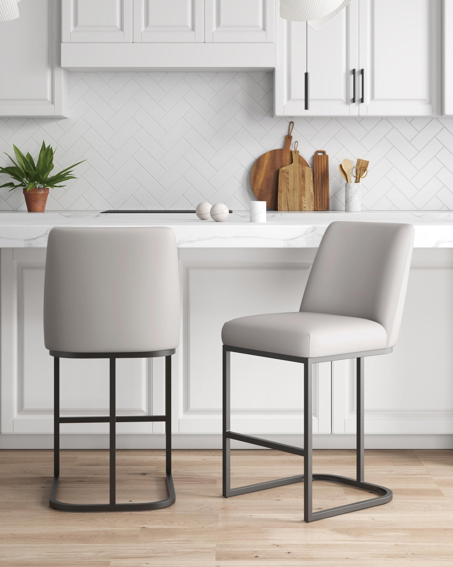 Manhattan Comfort Serena Modern Leatherette Upholstered Counter Stool | Sturdy Metal Frame with Matte Black Finish | High-Density Foam Padding | Elegant Design for Bar and Kitchen, Light Grey