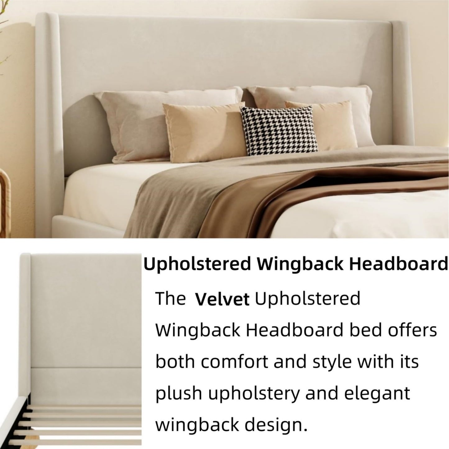 Merax Velvet Queen Size Bed Frame with Wingback Headboard, Solid Wood Upholstered Platform with Round Legs, No Box Spring Needed, Beige