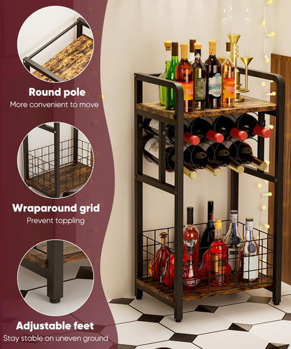 Ansionsol 3-Tier Wine Rack Freestanding Floor with Wood Top, Liquor Stand with Wine Bottle Holder, Corner Wine Bar Table for Small Space, Metal Whiskey Shlef for Kitchen, Cellar, Living Room, Black