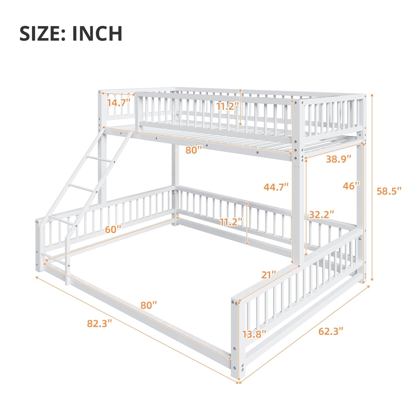 Bellemave Metal Twin XL Over Queen bunk Bed, Floor Twin XL Over Queen Bunk Bed Frame with Ladder and Safety Guardrails, White