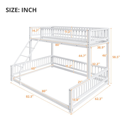 Bellemave Metal Twin XL Over Queen bunk Bed, Floor Twin XL Over Queen Bunk Bed Frame with Ladder and Safety Guardrails, White