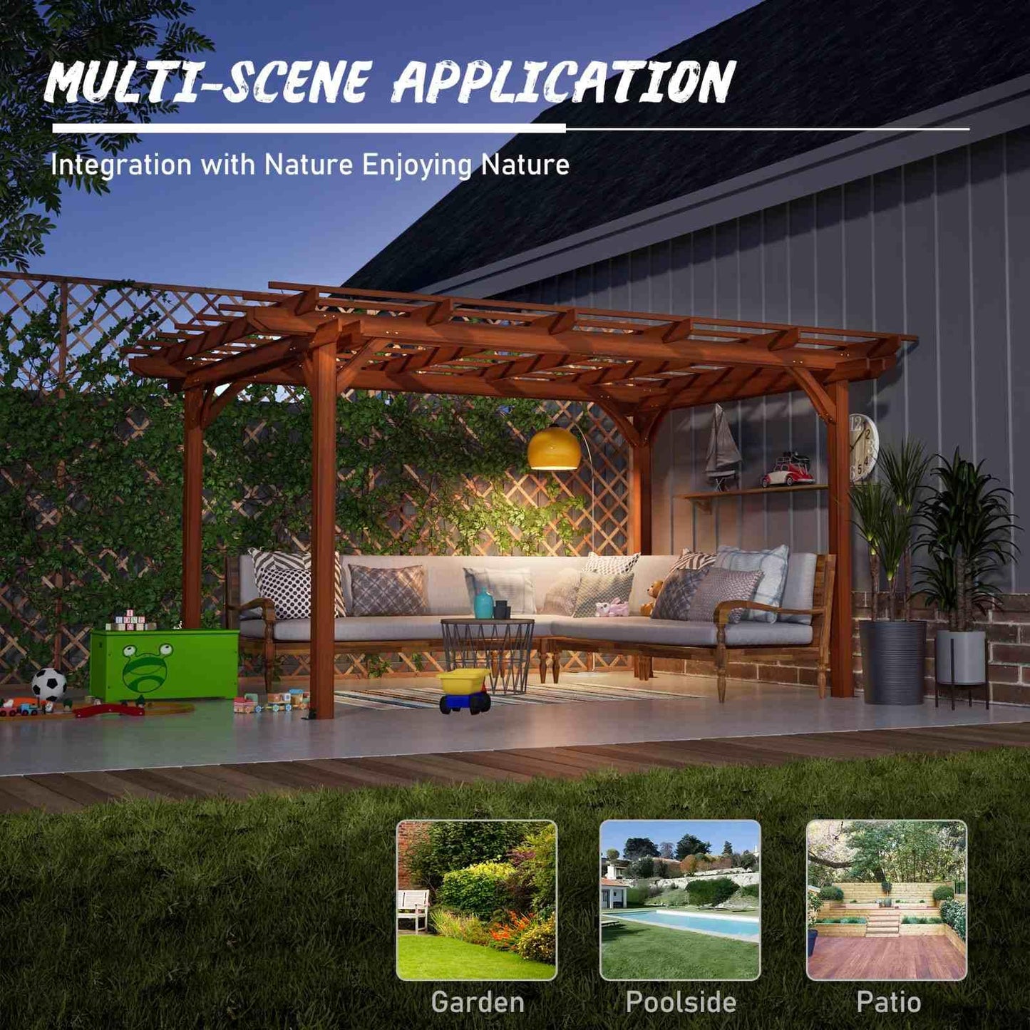 FRITHJILL 12x10FT Wooden Pergola with Slatted Roof Trellis, Fir Wood Outdoor Pergola for Climbing Plants & Vines, Waterproof Garden Arbor for Patio, Backyard, Deck