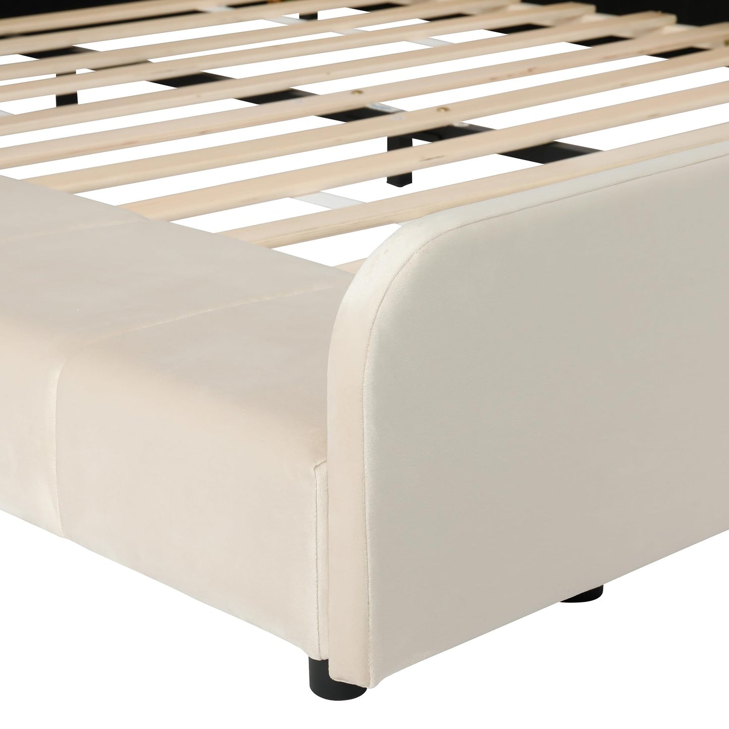 Merax Queens Size Velvet Bed Frames Upholstered Grounded Bed, Wooden Mother & Child Bed with Bedside Desk and Little Round Stool,Kids Adults Bedroom Floor Platform Bed,Beige
