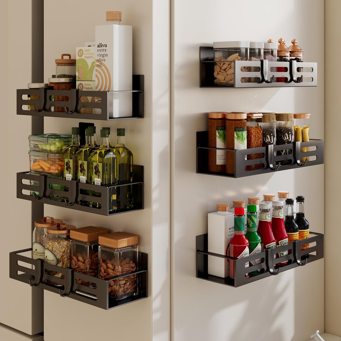 2 Pack Magnetic Spice Rack for Refrigerator, Black Magnetic Shelf and Fridge Kitchen Cabinet Organizers Storage Seasoning Organization Mini Shelves, Organizadores de Cocina