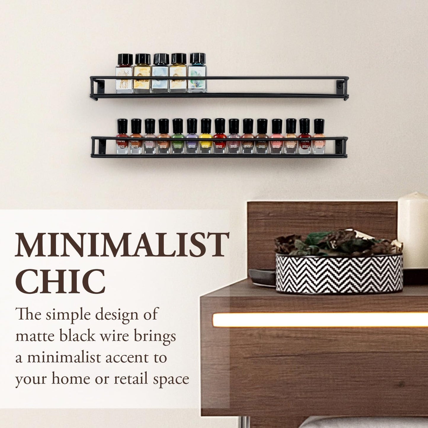 16 Inch Set 5 MyGift Wall Mounted Black Metal Nail Polish and Essential Oil Display Shelves, Kitchen Hanging Racks