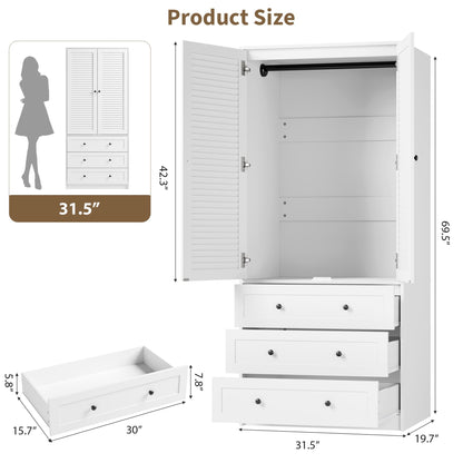 GarveeHome Armoire Wardrobe Closet with Drawers, 69.5 in Wooden Wardrobe Cabinet with Hanging Rod, 2 Doors Clothing Storage Cabinet for Bedroom, Large Capacity Storage, Louvered Door, White