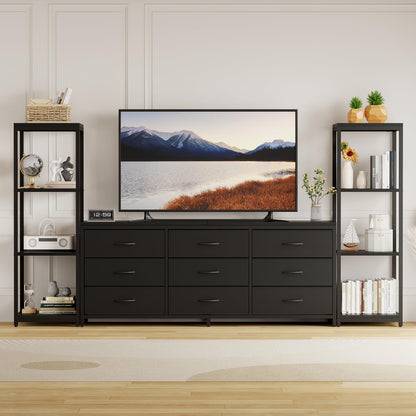 GarveeHome TV Stands Dresser with 9 Fabric Drawers, Large Entertainment Center with 2 Industrial 4-Tier Storage Shelves, Modern TV Console Cabinet for Living Room