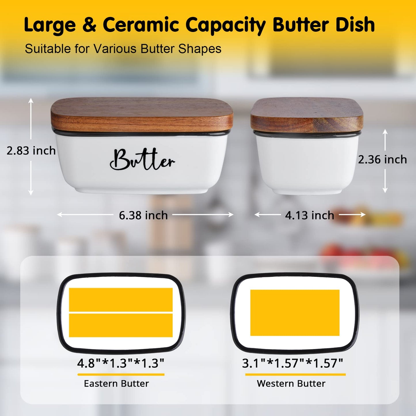 Butter Dish with Lid, ALELION Large Ceramic Butter Dish for Countertop, Butter Keeper with Thick Acacia Wood Lid, Kitchen Decor and Accessories for Kitchen Gifts, White