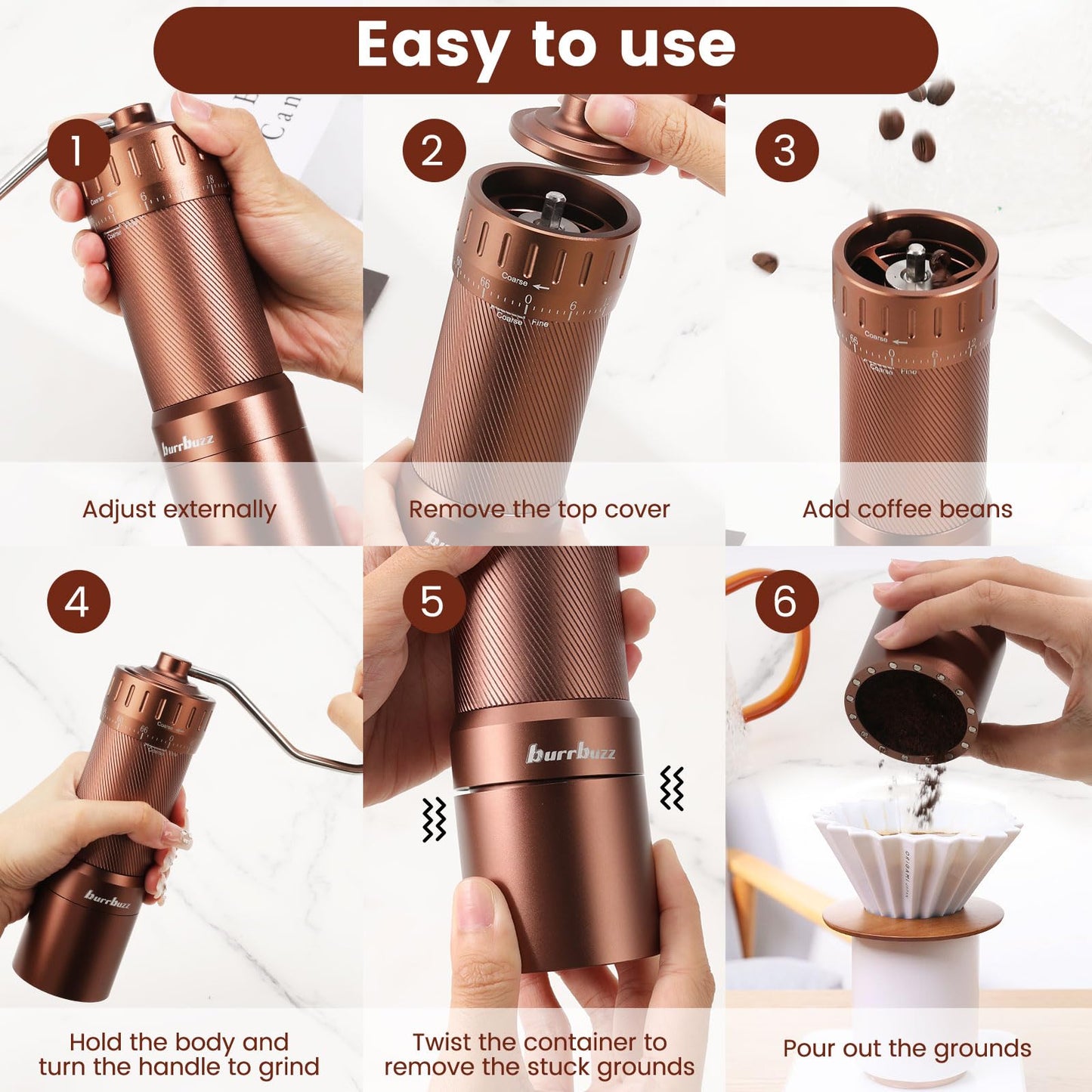burrbuzz MB2 Manual Coffee Grinder, External Adjustment, 35g Large Capacity Burr Grinder, Magnetic Catch Cup Less Mess, Stainless Steel Burr Espresso Grinder Great Flavor in Pour Over, French Press