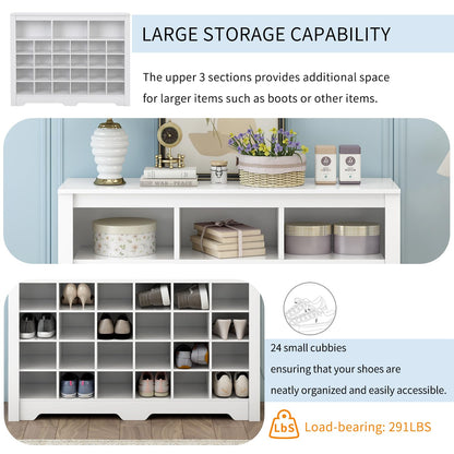 Merax Sleek Design 24 Shoe Cubby Console, Modern Storage Cabinet with Curved Base, Versatile Sideboard for Hallway, Bedroom, Living Room, White